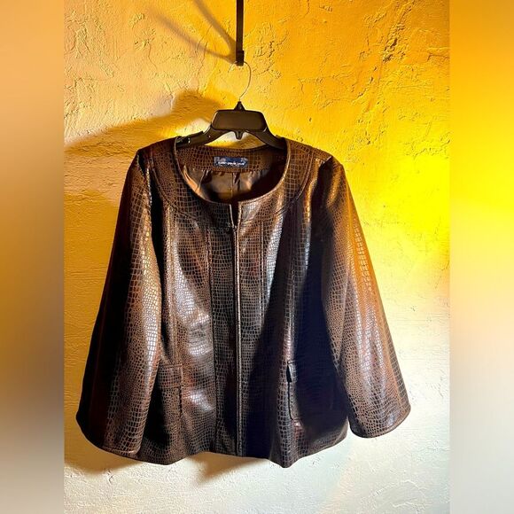 Susan Graver faux leather jacket chocolate brn textured minimalist croc classic - Picture 1 of 14